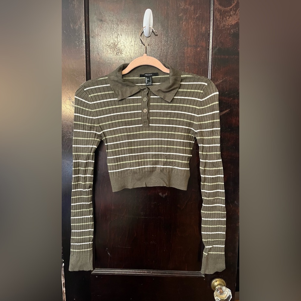 Forever 21 Olive Striped Button Down Crop Top